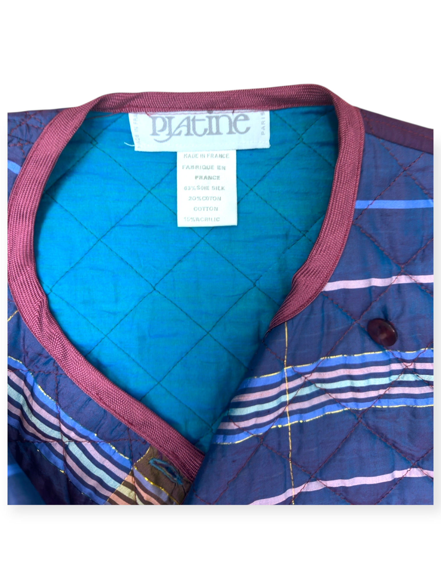 Platine Paris – Veste Matelassée Boho – soie & coton – fermeture asymétrique – made in France – années 80 – coupe courte structurée – pièce rare et expressive | Paris-Bonheur