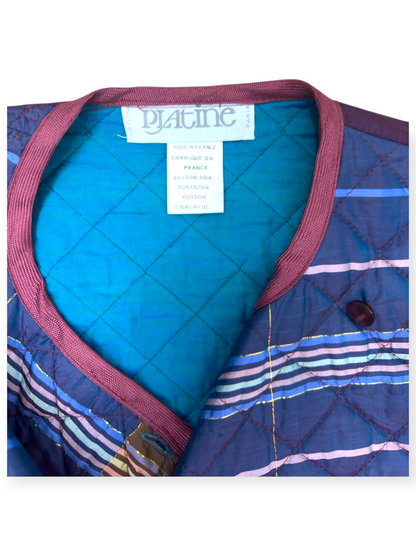 Platine Paris – Veste Matelassée Boho – soie & coton – fermeture asymétrique – made in France – années 80 – coupe courte structurée – pièce rare et expressive | Paris-Bonheur