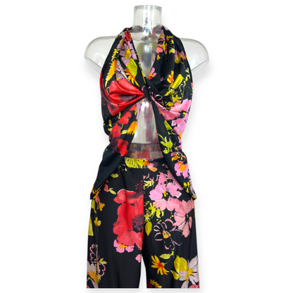 Sélection Paris Bonheur – Jacques Syma Paris – Ensemble Floral Quatre Pièces – Deux Tops Dos-Nu, Pantalon Large & Sur-Chemise – Satin Noir & Fleurs Multicolores - Made in France