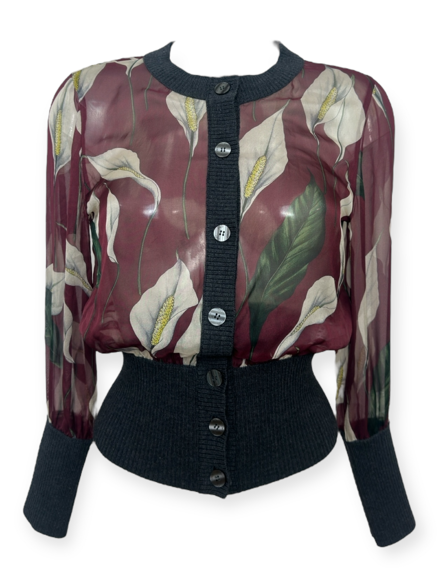 Cardigan Dolce & Gabbana vintage soie laine imprimé fleurs arum | Cardigan D&G années 2000 made in Italy | Mode italienne romantique | Paris Bonheur