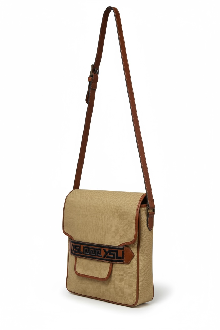 Yves Saint Laurent – Sac Messager “Greek” – Toile Beige & Finitions Vinyle