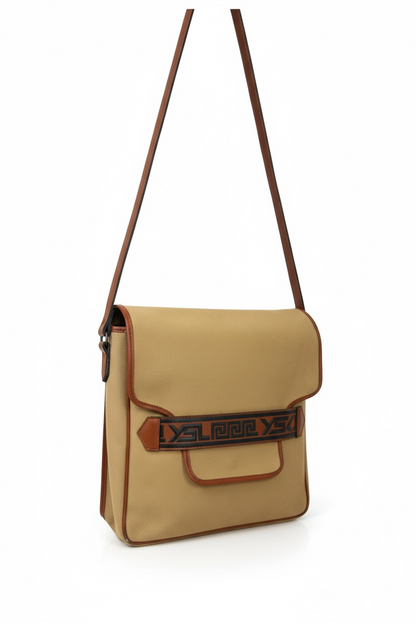 Yves Saint Laurent – Sac Messager “Greek” – Toile Beige & Finitions Vinyle